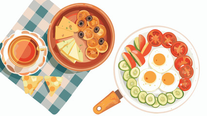 Overhead view of breakfast with fried eggs cheese olives and tea on a checkered tablecloth design