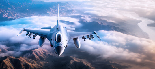 Top-down view of modern stealth multirole combat aircraft soaring above clouds with arid mountains and desert terrain below, showcasing advanced military aviation and cutting-edge defense technology
