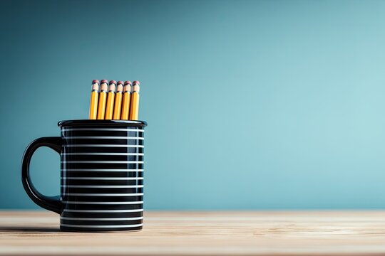 Pencils in a striped mug on a wooden surface.