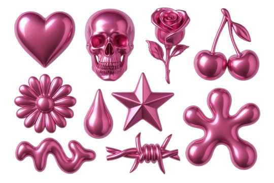 Collection of Metallic Pink 3D Rendered Icons: Heart, Skull, Rose, Cherries, Star, Flower, and Abstract Shapes