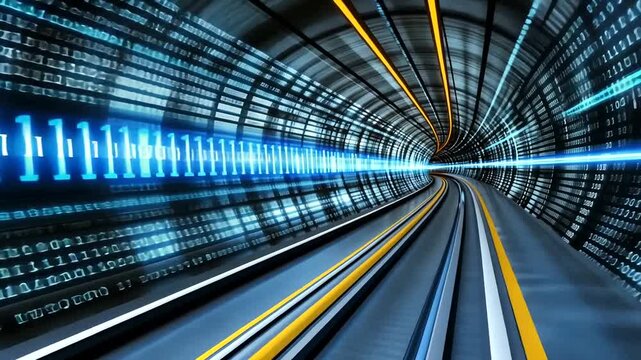 Futuristic Tunnel with Binary Code and Light Speed Motion for Data Concept