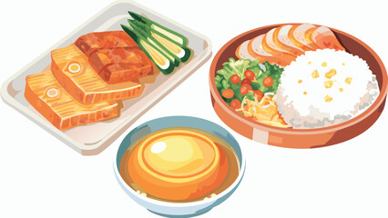 Illustration of a japanese meal with salmon, rice, salad, egg and vegetables on a white background