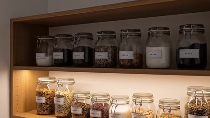 Organized pantry with glass jars filled with various food items on wooden shelves, showcasing kitchen storage solutions