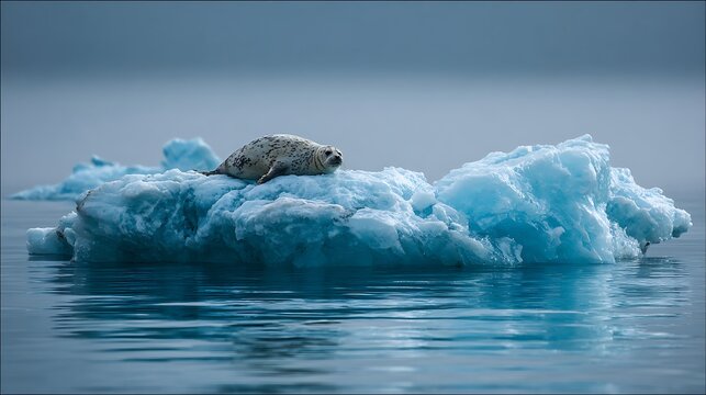 Lone polar bear rests on a bright blue iceberg in calm ocean waters