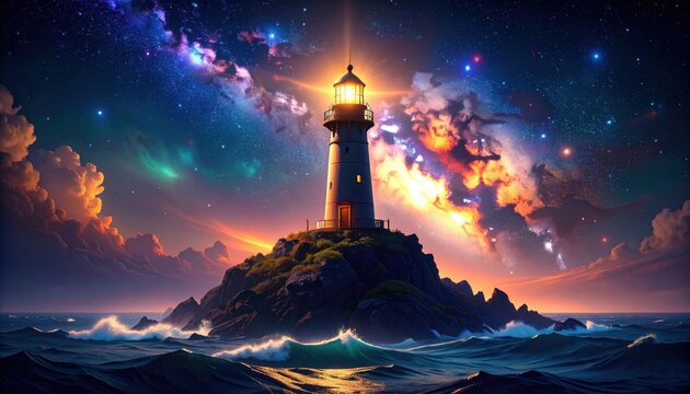 Lighthouse On Rocky Island At Sunrise With Starry Night Sky