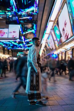 African RaffiaClad Figure Bridging Tradition and Modernity Amidst a Bustling Urban Marketplace, Ideal for Lifestyle and Fashion Projects Encapsulates Energy and Vibrancy.