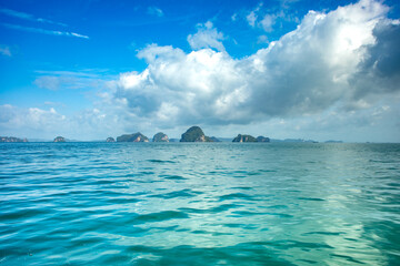 View of the islands of Than Bok Khorani National Park in Krabi Province, Thailand, from the blue sea