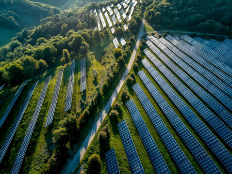 Aerial View of Solar Panels in a Lush Green Landscape