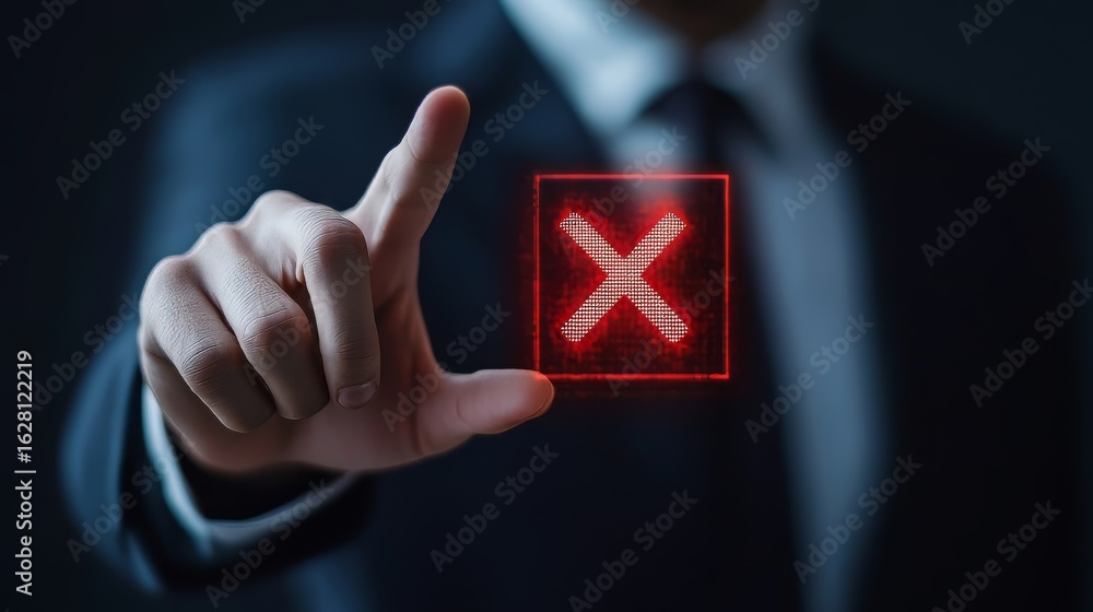 Poster businessman touching virtual screen with system hacked warning sign, spam virus notification, ransom