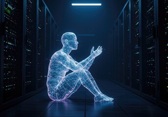 Luminous wireframe human figure sitting on the floor of a dark data center, embodying artificial intelligence, digital consciousness, and technological contemplation.