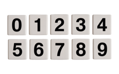 Numbers zero through nine on white square tiles, perfect for educational resources and creative projects using digits and counting skills