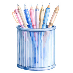 Watercolor illustration of a blue striped pen holder filled with colorful pens and pencils.