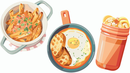 Still life illustration of pasta in a bowl fried egg with toast and a jar of rolled pancakes