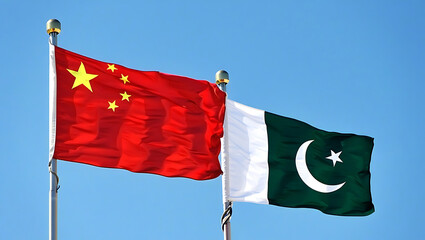 Flags of Pakistan and China friendship flag waving on the sky with beautiful sun light. generative ai