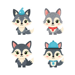 Cute Cartoon Wolves with Accessories