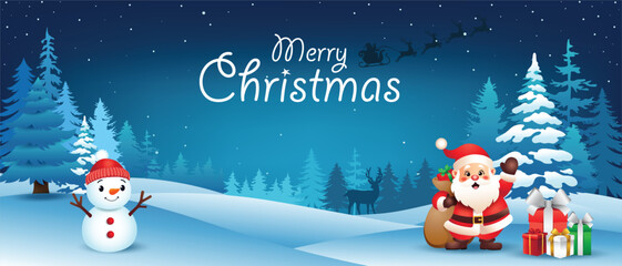 Merry Christmas Winter Scene with Santa and Snowman