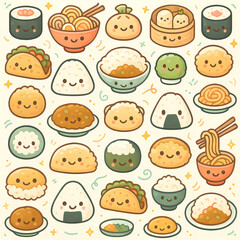 Seamless Cute International Food Pattern – Kawaii World Cuisine for Kids Tile Background