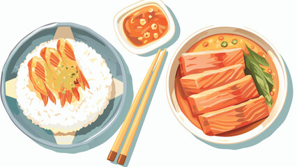 A view of a rice bowl with shrimp, a salmon dish, sauce and chopsticks on a white background