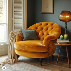 Cozy interior with rust velvet armchair, wooden floor, amber lamp, books, green candle, gray walls, and soft natural light creating warm textures and calm stylish atmosphere