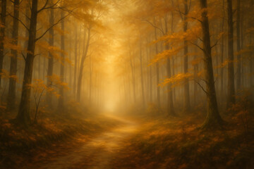Obraz premium Golden Path Through a Misty Autumn Forest: A Serene and Mysterious Landscape