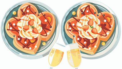Two plates of heart shaped waffles with cream and syrup and two glasses of champagne toasting shown