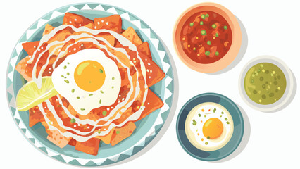 Overhead view of chilaquiles with fried egg and sauces served on decorative plates and small bowls