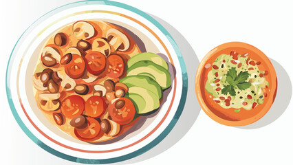A plate of food with mushrooms tomatoes and avocado next to a bowl of guacamole on a white background