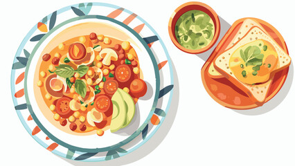 Still life of chickpea stew with tomatoes mushrooms and avocado next to toast and avocado dip