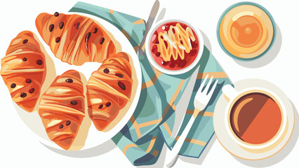 Overhead view of croissants with chocolate chips and coffee on a patterned cloth napkin laid out