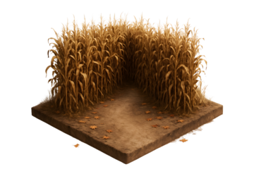 Isometric Brown Corn Maze with Soil Path Autumn Leaves on Transparent Background
