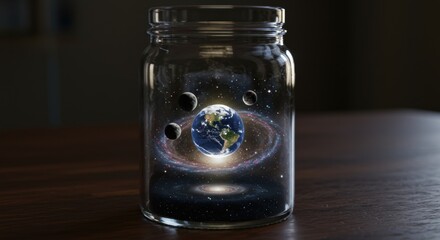 Captivating universe contained within a glass jar, featuring Earth, moons, and galaxies