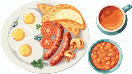 Illustration of a full english breakfast with eggs sausages beans and toast on a plate with tea