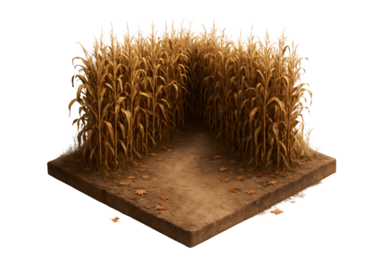 Isometric Brown Corn Maze with Soil Path Autumn Leaves on Transparent Background