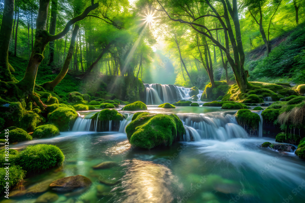 Poster sunbeams illuminate a lush green forest with a cascading waterfall and mosscovered rocks, creating a