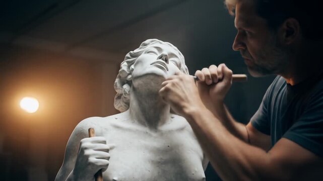 Sculptor meticulously carves a marble statue of a woman, shaping the face with precision tools in a dimly lit studio.