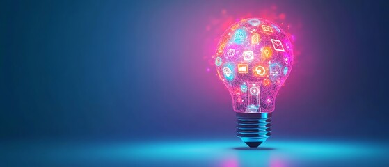 Minimalist 3D lightbulb with embedded knowledge icons, AIgenerated art style, clean background, symbol of idea generation, learning, and intellectual growth