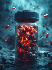 Overregulated healthcare policies, damaging and counterproductive, medicine bottle with harmful effects, false protection and liability risks, AIgenerated digital artwork