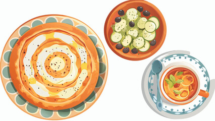 Overhead view of a pie with spiral topping salad with olives and zucchini and a bowl of soup on plates