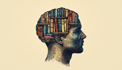 Retro engraved illustration of a pastel yellow male head filled with a multicolored library in the brain