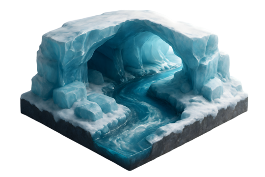 Isometric Glacier Cave with Blue Ice and Stream Flowing Through on Transparent Background