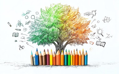 Tree of learning made of sketched pencils and books, surrounded by playful doodle icons for school subjects, whimsical education concept, clean white space