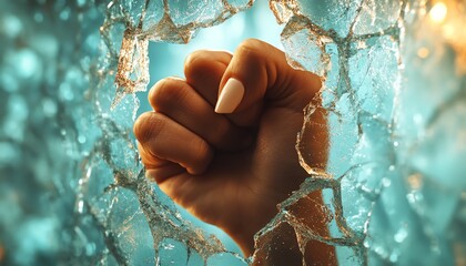 Symbolic breaking of the glass ceiling, woman s fist emerging through barriers, empowering minorities, equal career opportunities, social justice for all, photorealistic, 8K detail