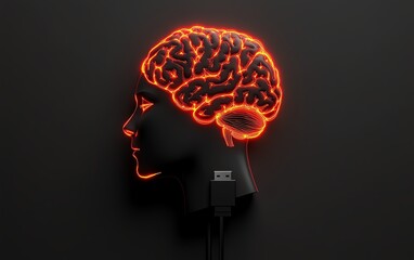 USB cable forming abstract brain and head outline, representing anxiety and power, 3D rendering with space for mockup on wide black background