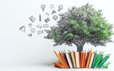 Tree of learning made of sketched pencils and books, surrounded by playful doodle icons for school subjects, whimsical education concept, clean white space