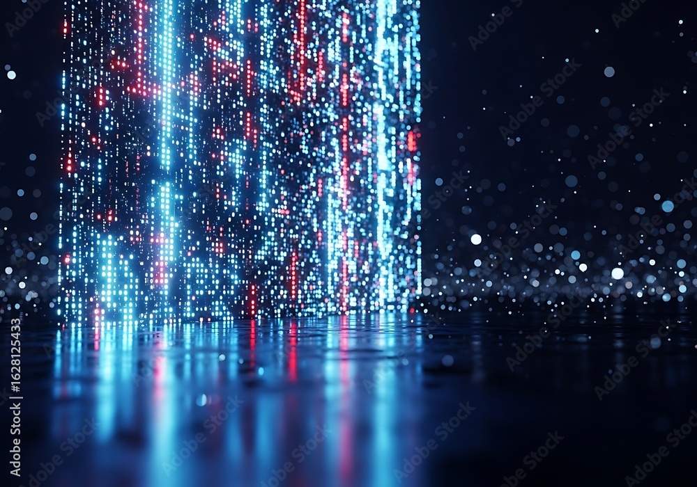 Poster abstract digital data stream with blue and red lights