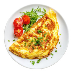 Delicious omelette with herbs, cherry tomatoes and arugula on white plate with transparent background