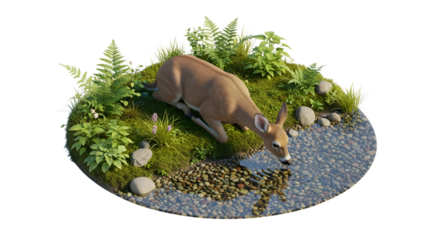 Isometric Illustration of a Fawn Drinking Water by a Stream on a Transparent Background