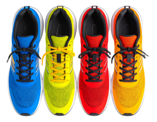 Top view of vibrant running sneakers with untied laces, isolated on transparent background