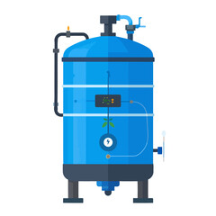 Fototapeta premium Blue industrial bioreactor tank with pipes, digital display, and biogas flare illustration.