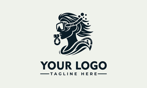 A stylized logo featuring a woman scuba diving, with flowing hair and waves.